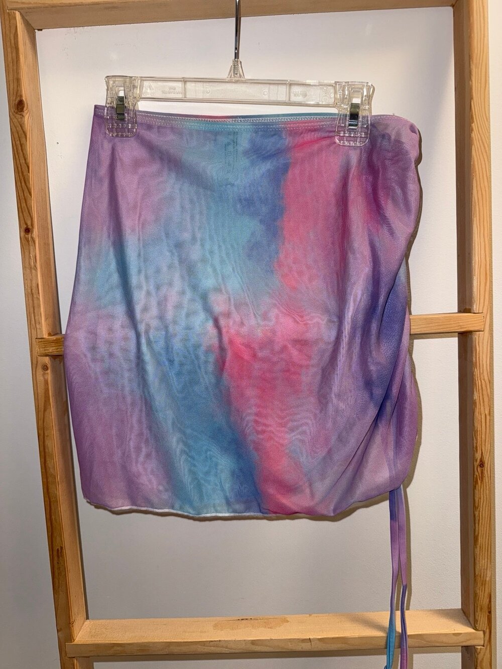 SHEIN Tie Dye Mesh Ruched Drawstring Mini Skirt